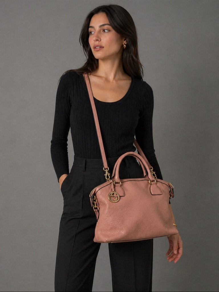 Gucci Pink Leather Crossbody Bag With Adjustable Strap.